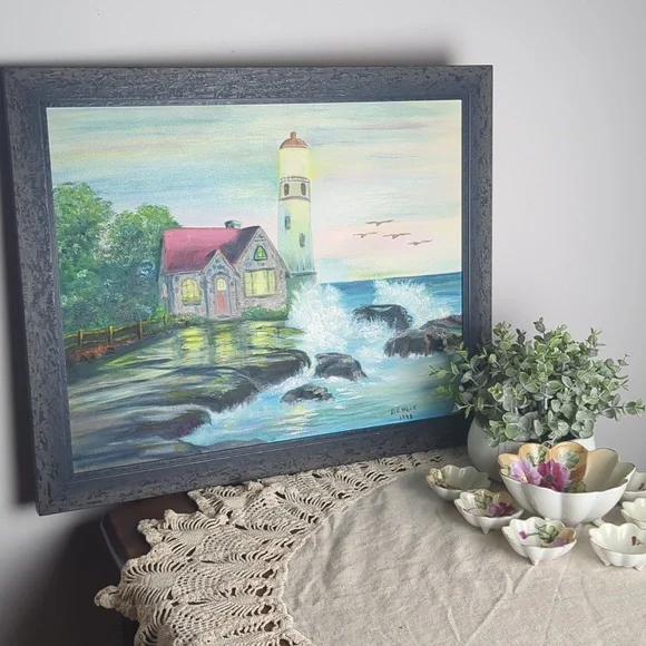 Vintage Storybook Lighthouse Cottage Painting Framed Coastal Wall Art